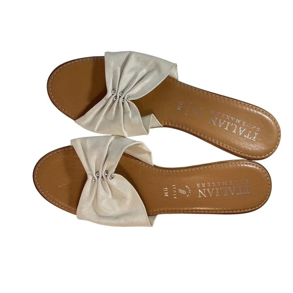 Italian Shoemakers Womens White Fabric Studded Wedge Slide Sandals Size 11M